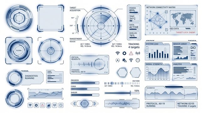 Set of futuristic digital user interface elements for technology and data analysis dashboards.