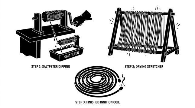 Historical matchlock fuse manufacturing process infographic showing hand winding rope through saltpeter dipping basin next to lines hanging on a drying stretcher rack and a smoking completed set