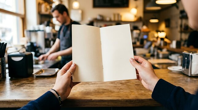 Hands holding blank menu mockup in cozy cafe interior with barista