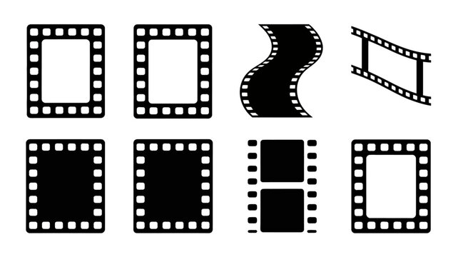 film strip icons black and white vector graphic media cinema movie entertainment icon set design symbol frame perforation image visual content artwork