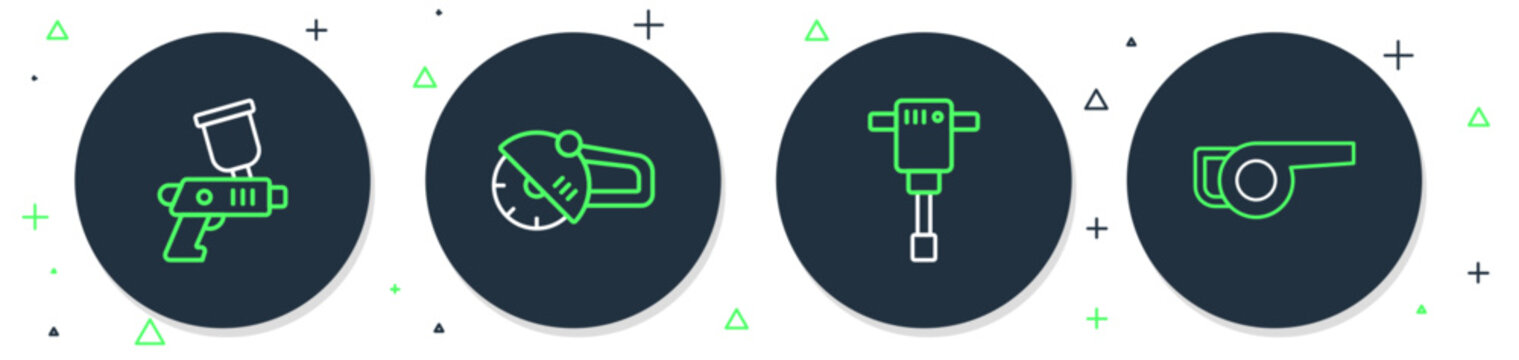Set line Angle grinder, Construction jackhammer, Paint spray gun and Leaf garden blower icon. Vector