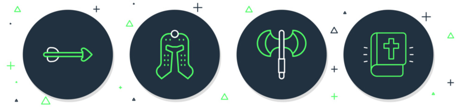Set line Medieval helmet, poleaxe, Arrow and Holy bible book icon. Vector