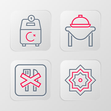 Set line Octagonal star, Ramadan fasting, Table food and Donate or pay your zakat icon. Vector