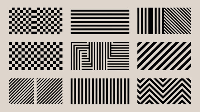 abstract black and white patterns on beige background stripes checkerboard geometric design vector graphic art modern minimalist visual effect composition decorative