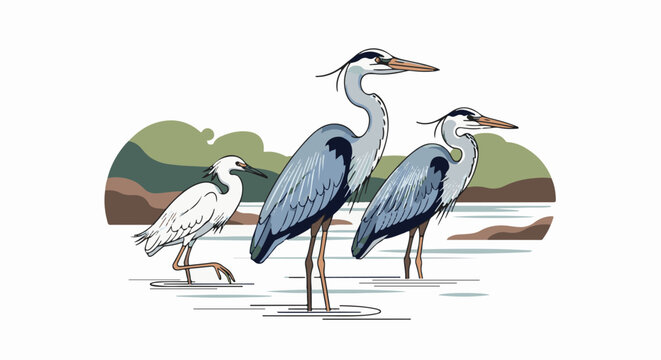 Three elegant herons stand gracefully in shallow water amidst a stylized natural backdrop