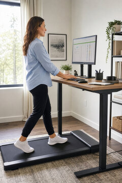 Professional woman biohacking her remote work routine on an under desk walking pad treadmill