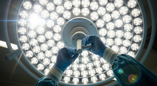 Low angle perspective looking up directly into bright, circular LED surgical lights in a modern hospital operating room.