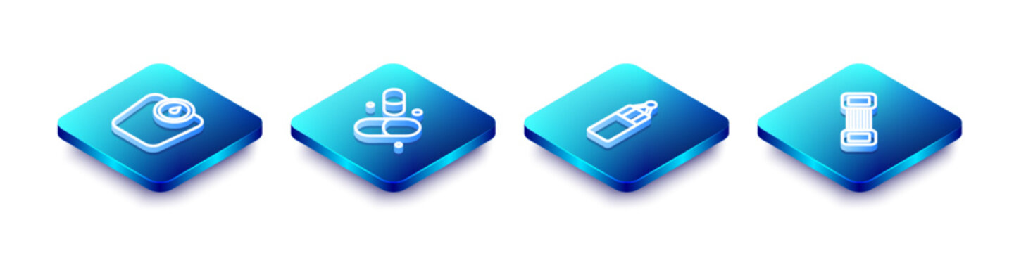 Set Isometric line Bathroom scales, Vitamin pill, Punching bag and Chest expander icon. Vector