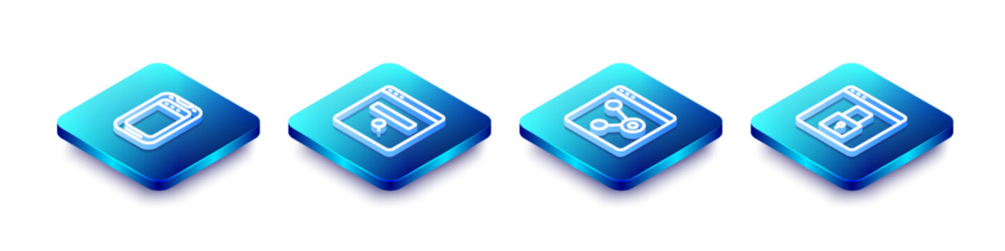 Set Isometric line Mobile phone, Search engine, Browser window and Secure your site with HTTPS, SSL icon. Vector