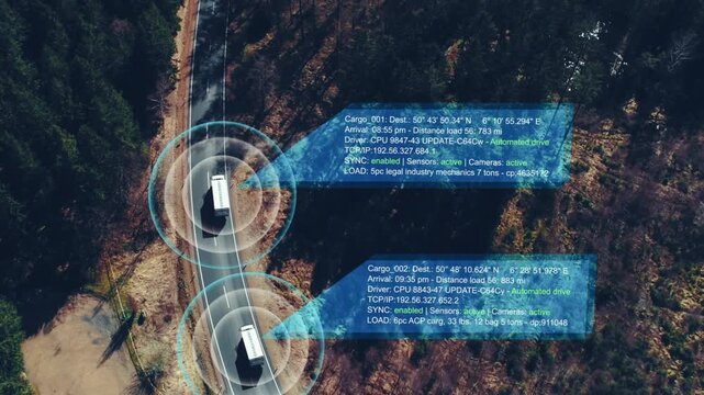 Aerial drone footage of trucks on highway with data overlay surveillance and logistics concept