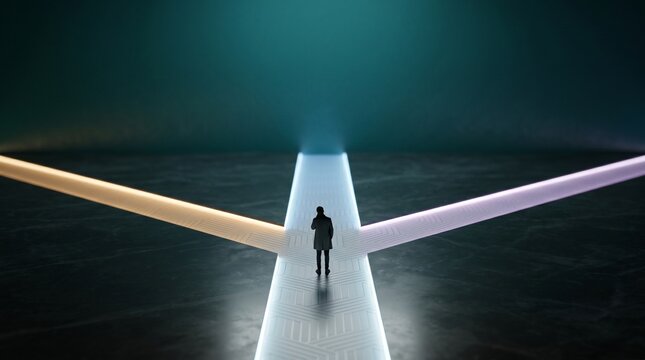 Man Facing Three Light Paths Strategic Life Choices