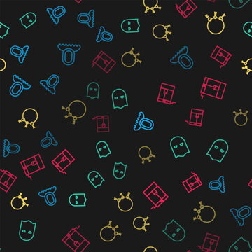 Set line Medieval hood, Executioner mask, Old keys and Well with bucket on seamless pattern. Vector