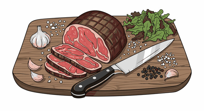 Sliced roast beef on a wooden cutting board with knife, garlic, salt, pepper, and greens
