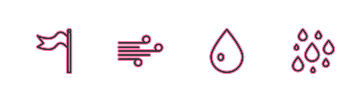 Set line Meteorology windsock wind vane, Water drop, Wind and icon. Vector