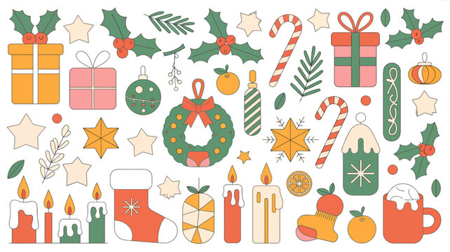 christmas holiday elements vector illustration gifts presents holly berries candles stockings wreath ornaments stars candy canes mugs orange slices flat design