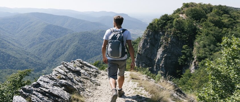 A lone hiker walks along a narrow path atop a mountain, enjoying the breathtaking views of the rolling hills and valleys in the distance, embodying a spirit of adventure.