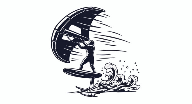 Person foilboarding with a wing on a wave with spray