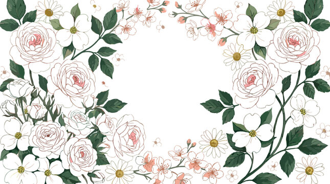 Elegant floral frame vector illustration featuring roses daisies and cherry blossoms with lush greenery border for wedding invitations and botanical designs