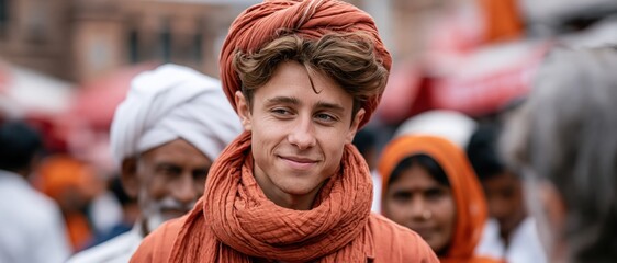 Obraz premium A young man dressed in vibrant cultural attire smiles warmly amidst a bustling market scene, representing cultural heritage and the joy of community engagement.