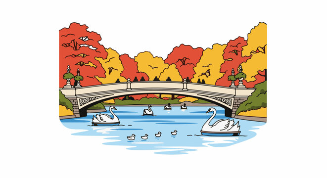 Graceful swans glide on a tranquil lake beneath an elegant bridge, amidst autumnal foliage
