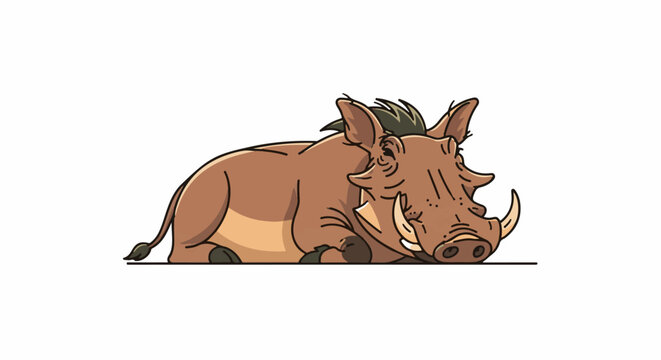 Cartoon warthog resting on a flat surface, eyes closed, tusks visible