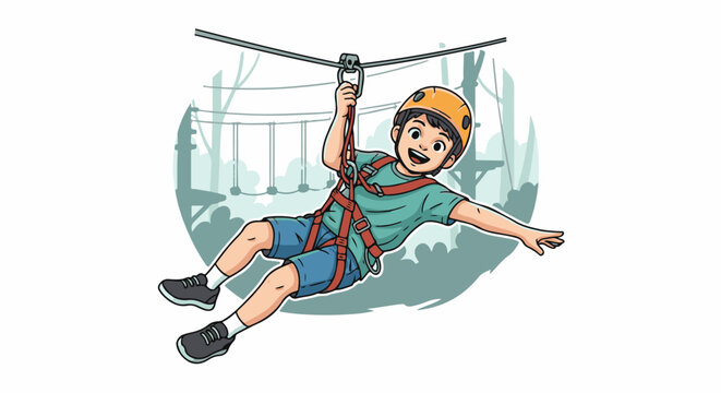 Joyful child on a zip line in a forest adventure park, wearing a helmet and harness
