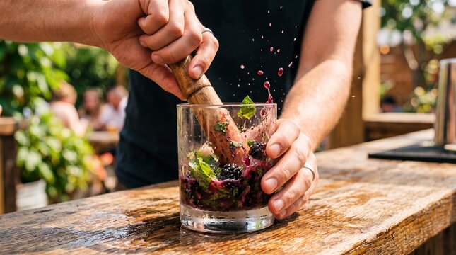 Close up of hands using a wooden muddler to crush fresh mint leaves and juicy blackberries in a heavy glass tumbler, splashing droplets, vibrant summer cocktail preparation, sunny outdoor bar setting.