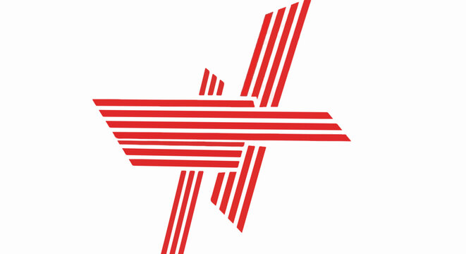 Abstract red geometric symbol with sharp angles and parallel lines on a white background
