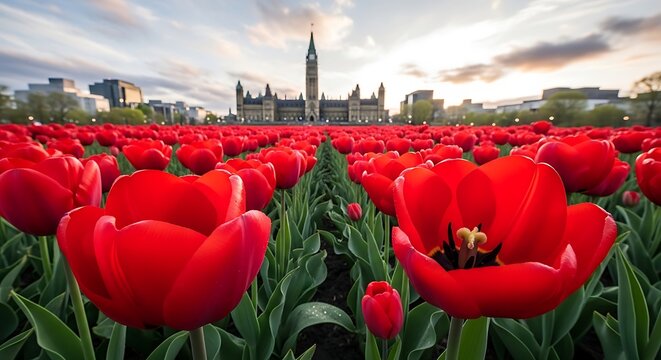 Vibrant red tulips in bloom with parliament hill in the background ottawa canada