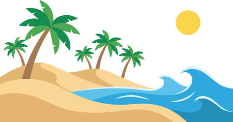 Stylized vector illustration of a tropical beach with palm trees on sandy dunes, blue ocean waves, and a bright yellow sun in a clear sky. © Damel