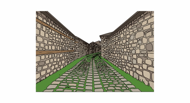 A paved path winds between towering stone walls towards a distant arched entrance