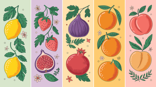 illustrated fruits and vegetables on colored backgrounds lemon strawberry fig pomegranate orange peach vector colorful food healthy diet nutrition natural fresh