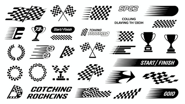 checkered flags and racing icons vector trophy start finish speed lines black white graphic design motorsport competition winning auto sports line