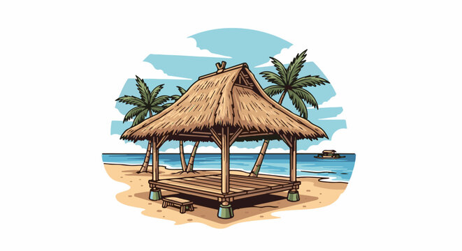 A rustic thatched-roof beach hut with palm trees and the ocean in the background