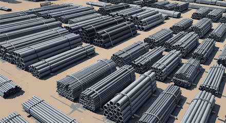 Obraz premium Large outdoor storage area filled with tightly packed bundles of grey metal pipes