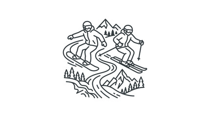 Obraz premium Outline drawing of two skiers navigating a mountain slope.