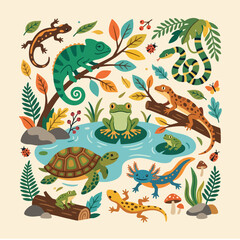 A colorful collection of various reptiles and amphibians in nature © Naraya