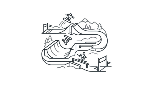 Minimal line art ski resort terrain park with jumps.