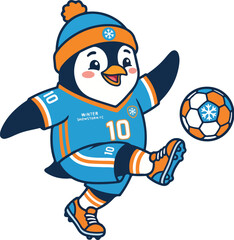 Obraz premium A cheerful Animal soccer mascot penguin in a soccer uniform kicking a soccer ball, a fun cartoon animals illustration