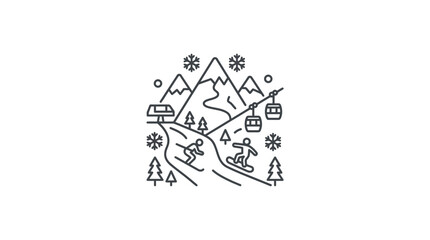 Ski resort scene line art with cable cars and mountains. © Tresno