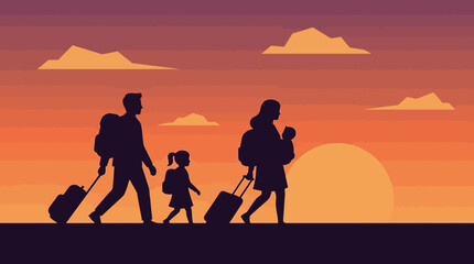 Fototapeta premium Silhouette of Family Walking with Luggage Suitcases at Sunset Travel Concept