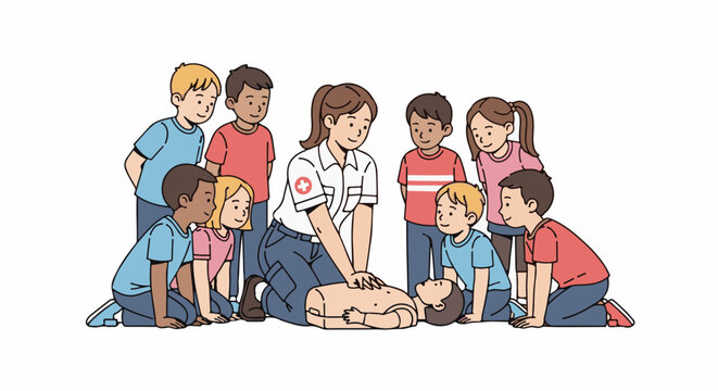 A person in uniform demonstrates CPR on a dummy to a group of attentive children