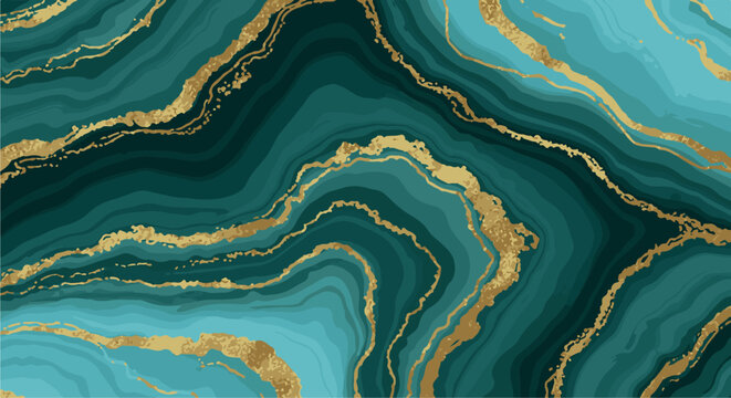 Abstract emerald and gold marbled texture with wavy lines and glittering accents