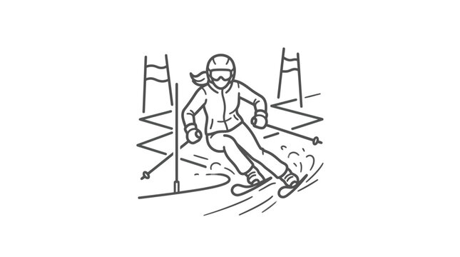 Minimalist line art illustration of female skier on slope.