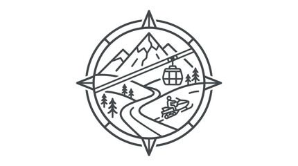 Compass frame line art mountain resort landscape illustration. © Tresno