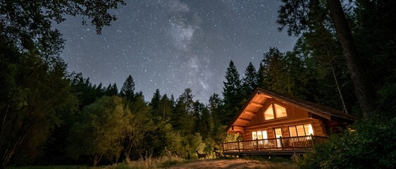 Fototapeta premium A charming wooden cabin nestled in a forest, illuminated against the backdrop of a stunning starry night sky, evoking feelings of peace and solitude in nature.