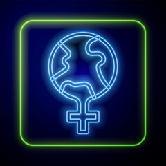 Fototapeta premium Glowing neon Feminism in the world icon isolated on blue background. Fight for freedom, independence, equality. Vector