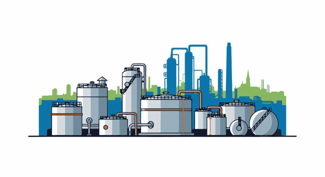Industrial complex with large storage tanks, pipes, and towers against a city skyline