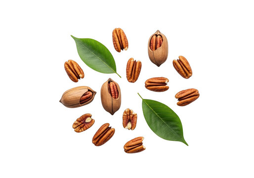 pecans and leaves arranged on transparent background nuts arrangement food natural healthy