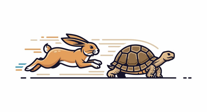 A cartoon hare races a tortoise in a stylized depiction of speed and slowness